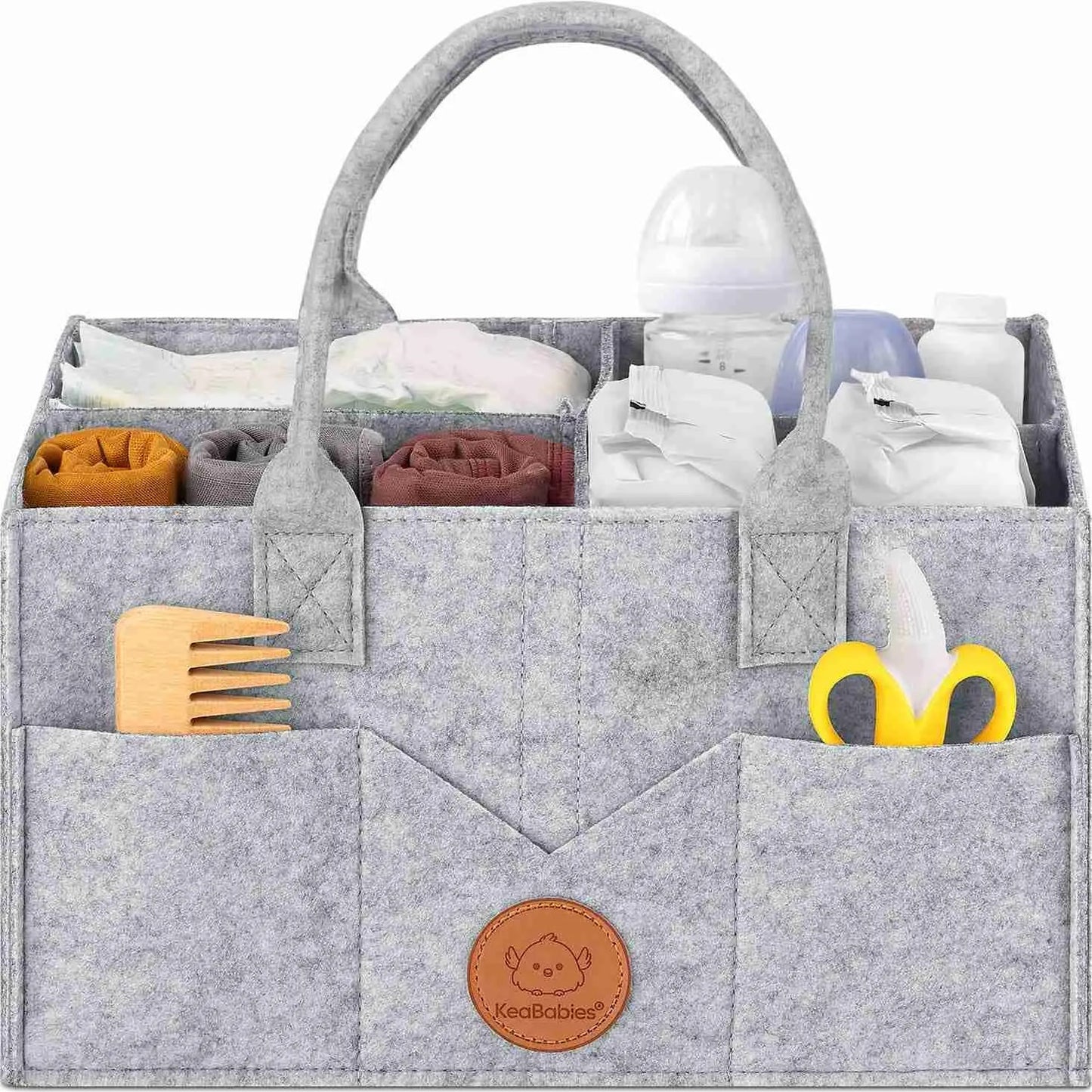 grey baby storage bin with open pockets and side pockets