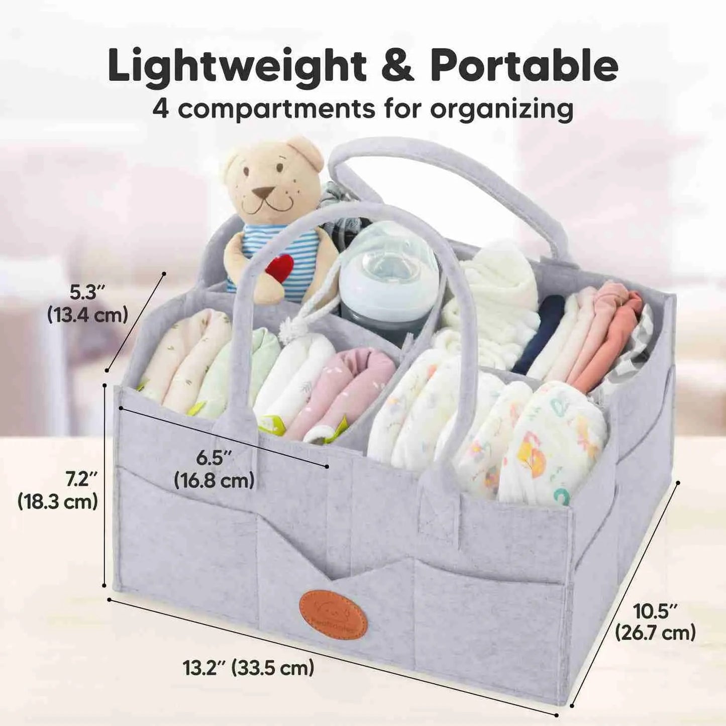 grey baby storage bin with open pockets and side pockets