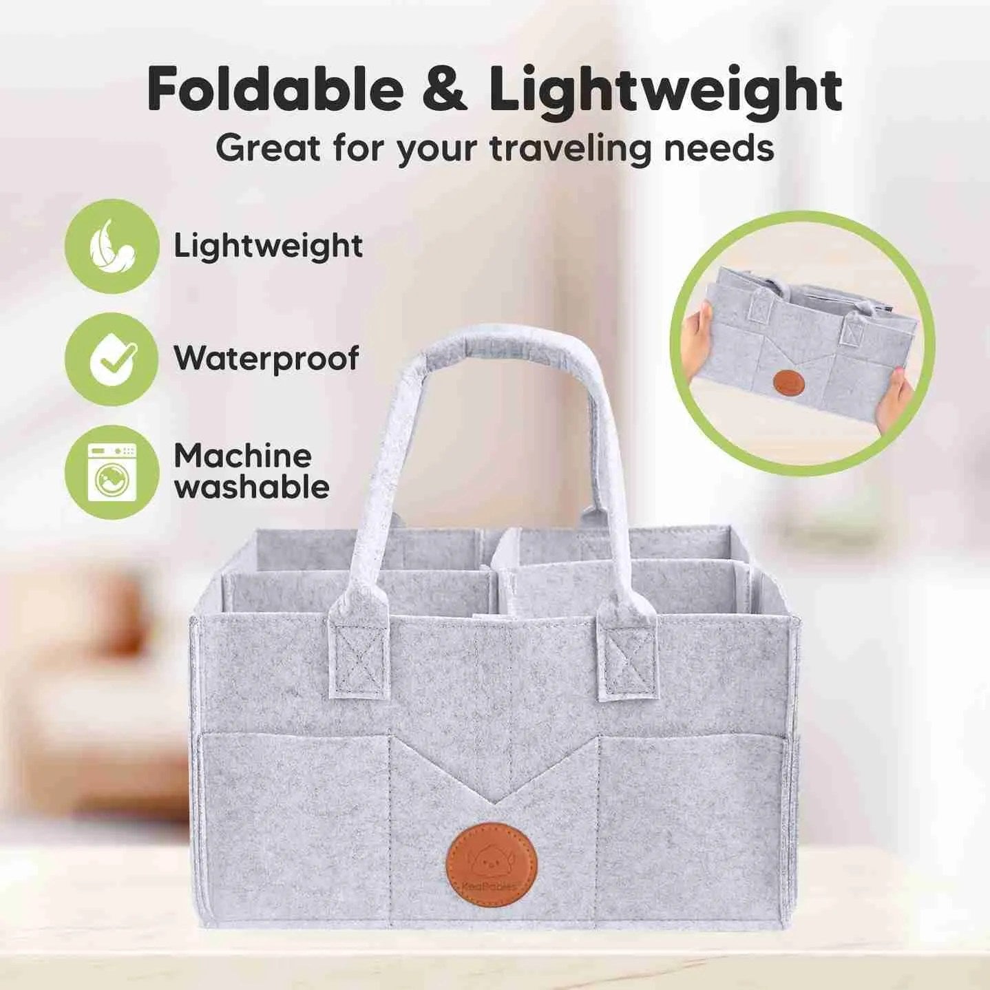 grey baby storage bin with open pockets and side pockets