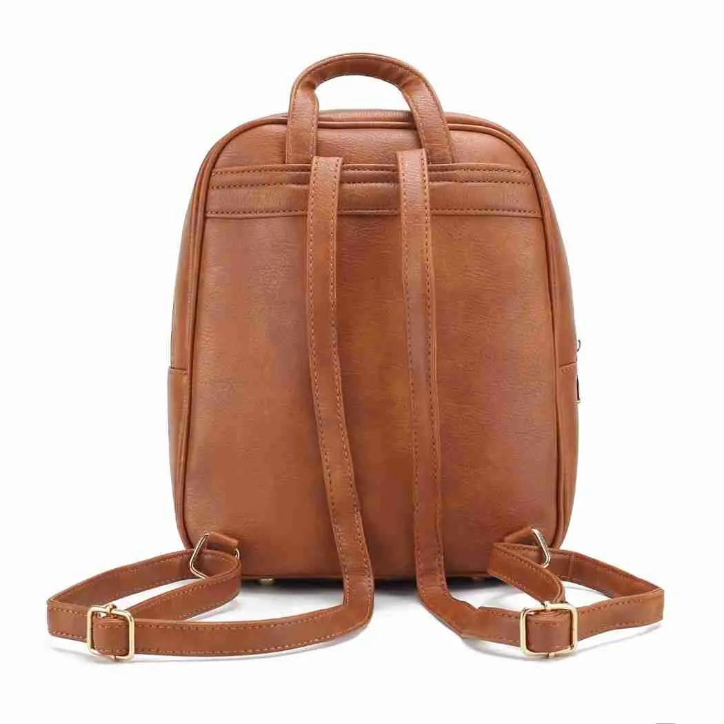 back of brown leather bag showing two straps and top strap