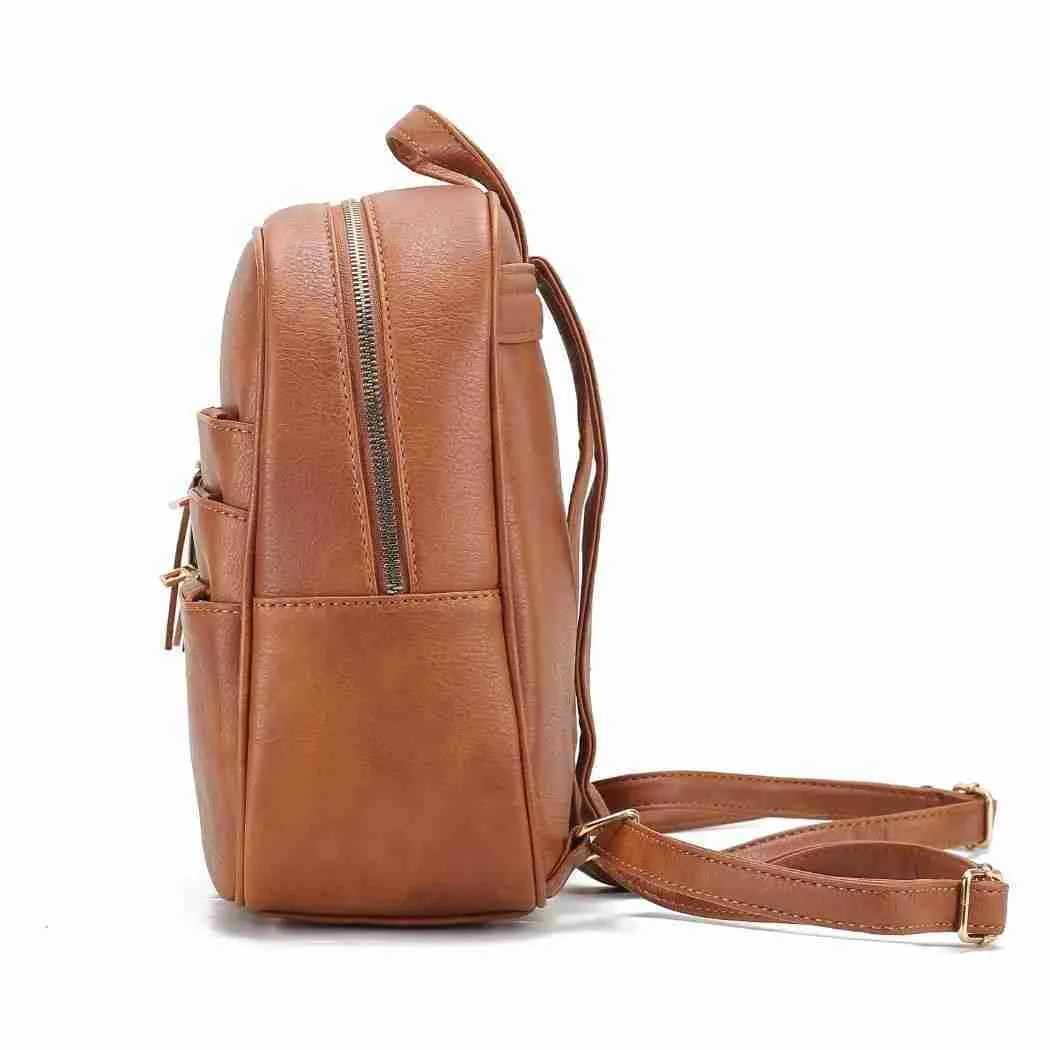 side of brown leather bag showing zipper closure, two back straps and 3 front zippers
