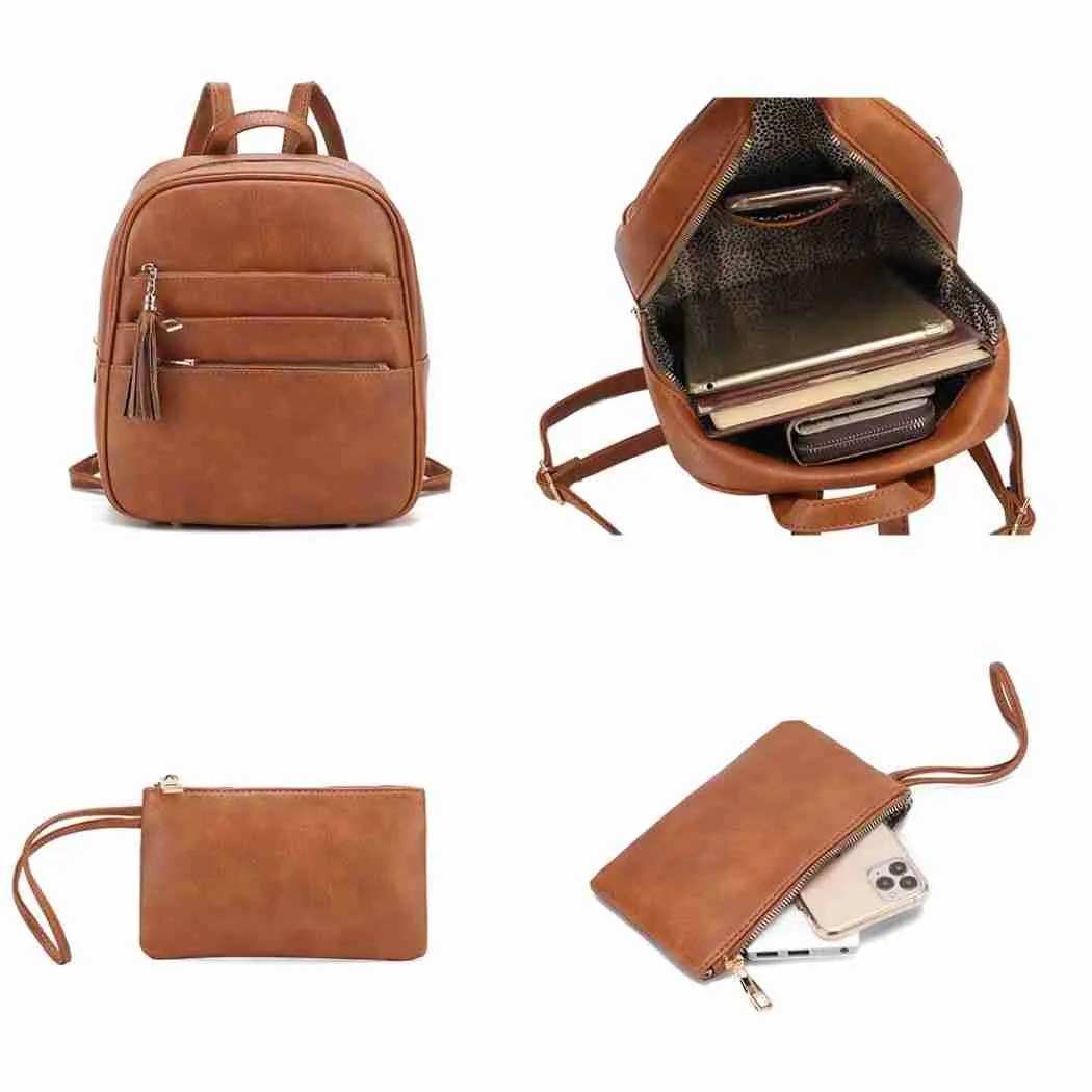 showing front of smaller bag and inside holding an iPad and wallet and the wallet then wallet with a cellphone inside and wrist strap