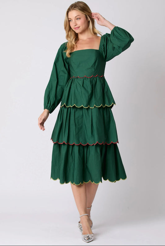 Hunter Green Scalloped Trim Midi Dress (Reg)