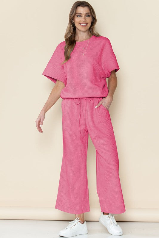 Textured T Shirt and Drawstring Pants Set