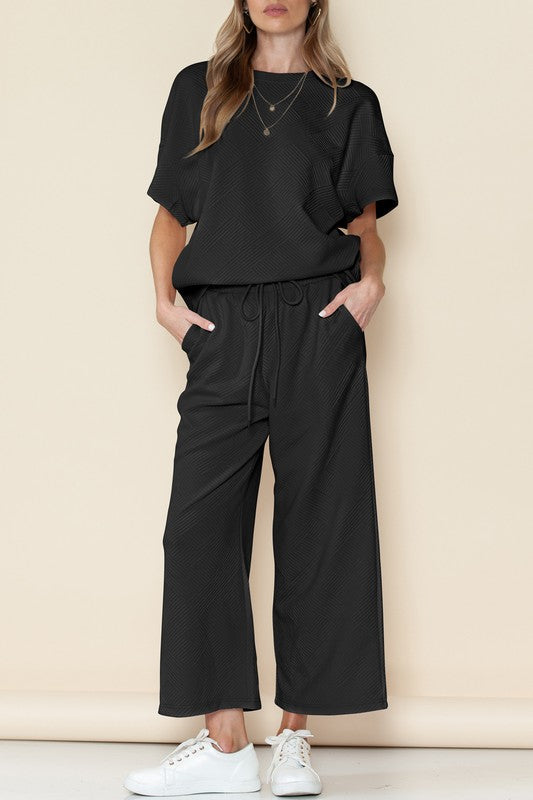 Textured T Shirt and Drawstring Pants Set