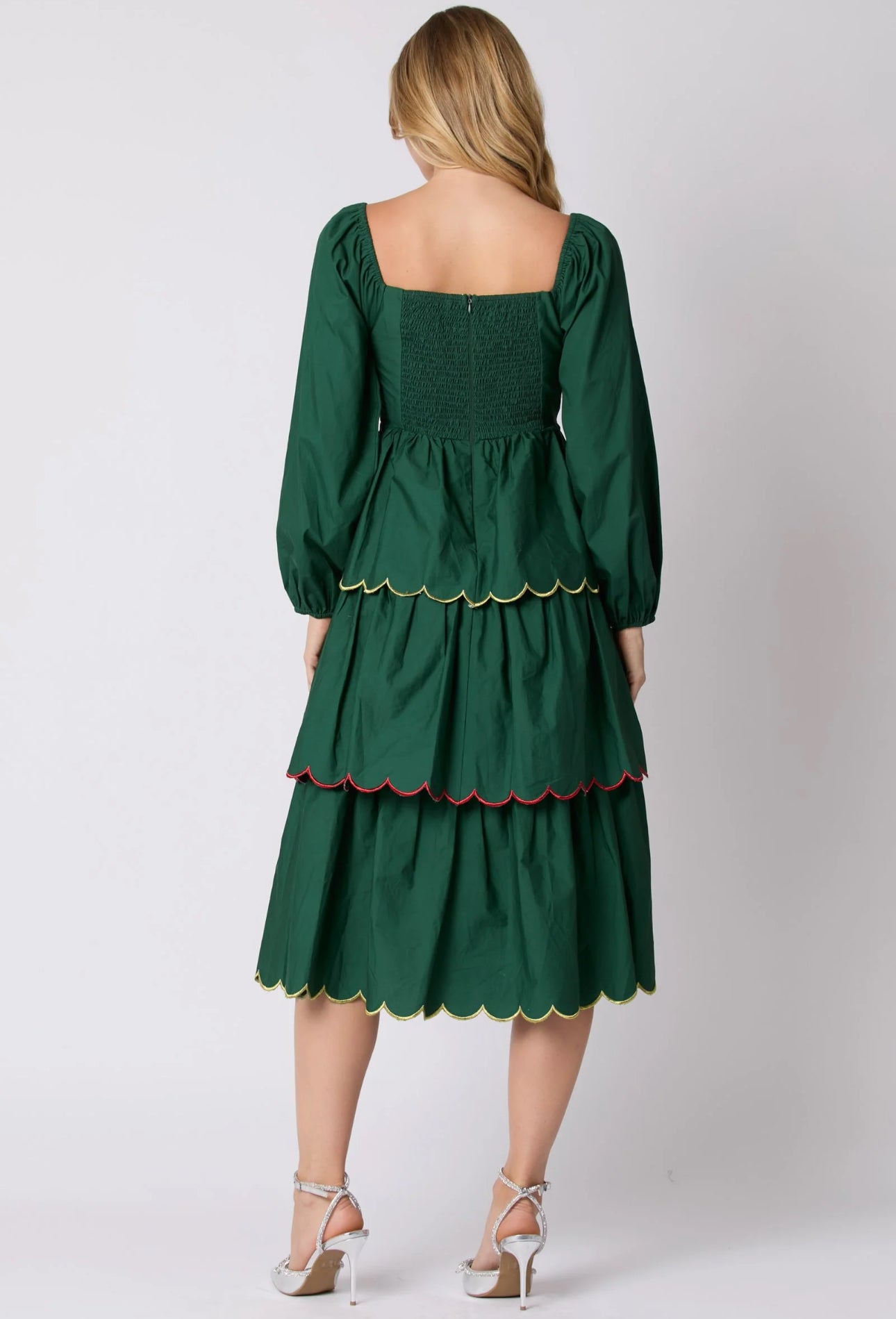 Hunter Green Scalloped Trim Midi Dress (Reg)