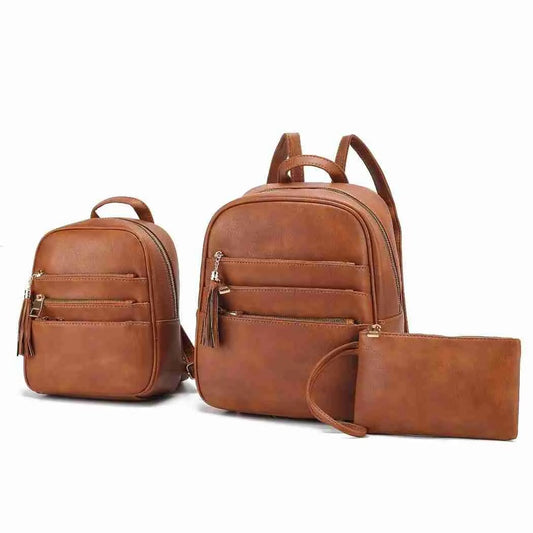 three for the price of 1 one wallet, small backpack and large backpack in brown